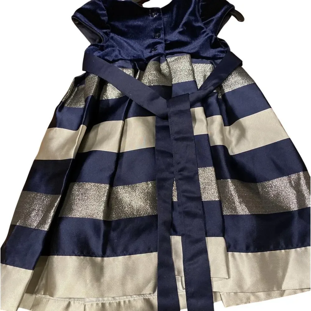 Jona Michelle Girls Special Occasion Blue Velvet Striped A Line Dress